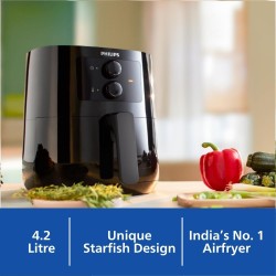 PHILIPS Air Fryer HD9200/90, uses up to 90% less fat, 1400W, 4.1 Liter, with Rapid Air Technology (Black), Large