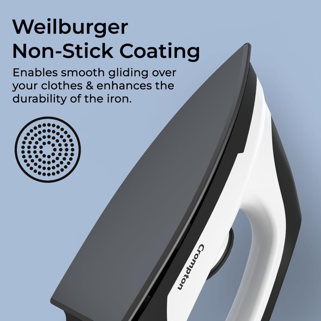 Crompton Cromyon 1000W Lightweight Iron,Weilburger Non Stick Soleplate for Smooth Gliding, (Black)