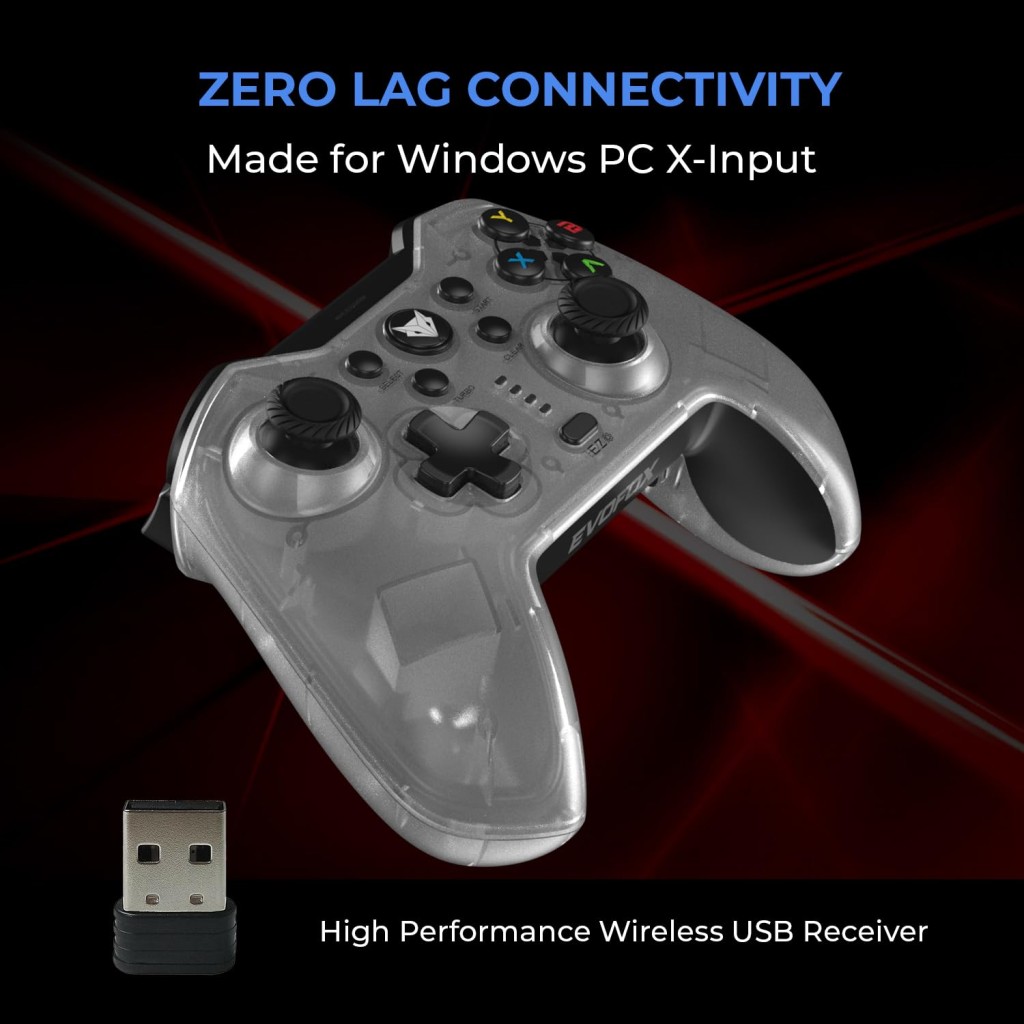 EvoFox Elite X Wireless Gamepad for PC with Dual Vibration Motors, 2 Macro Back Buttons, Low Latency Plug and Play, Free USB Extender, Translucent Shell (White)