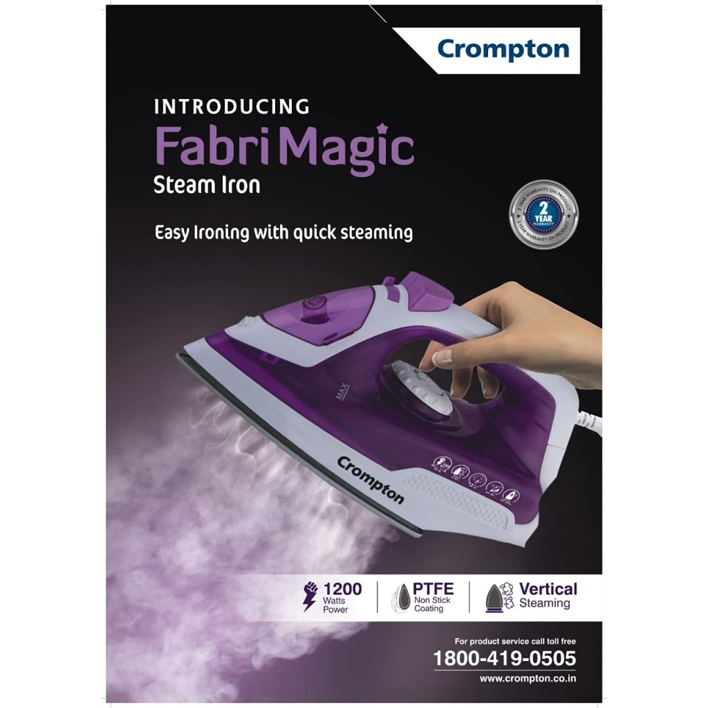 Crompton Fabrimagic 1200W Steam Iron with 200ml Tank 13g/min Steam Teflon Soleplate Purple