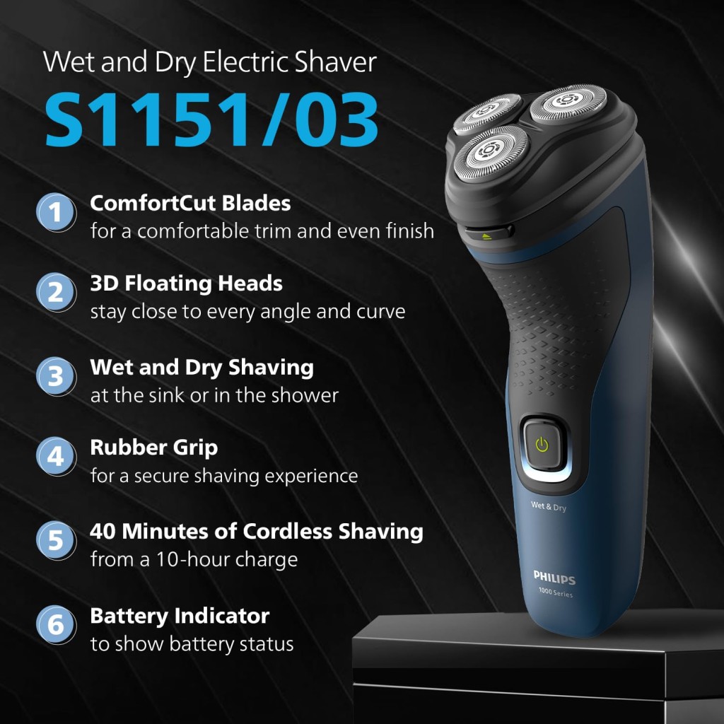 Philips Electric Shaver for Men | ComfortCut Blades | Wet and Dry Shave | 3D Flex Heads | 27 Self Sharpening Blades | Cordless | Waterproof | One Toch Open | 2 Year Warranty | S1151/03,Blue