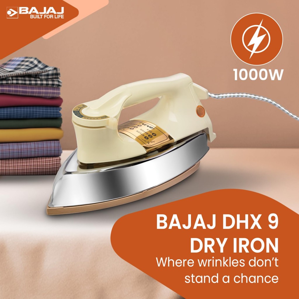 Bajaj DHX-9 1000W Heavy Weight Dry Iron Advance Soleplate And Anti-Bacterial German Coating Technology Multiple Temperature Levels 2 Yr Warranty Ivory