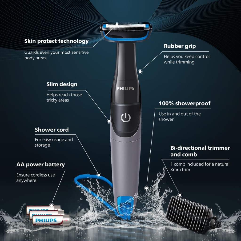 PHILIPS Bg1025/15 Showerproof Battery Powered Body Groomer Shaver For Men, Safe For All Body Areas, Including Private Parts, Black