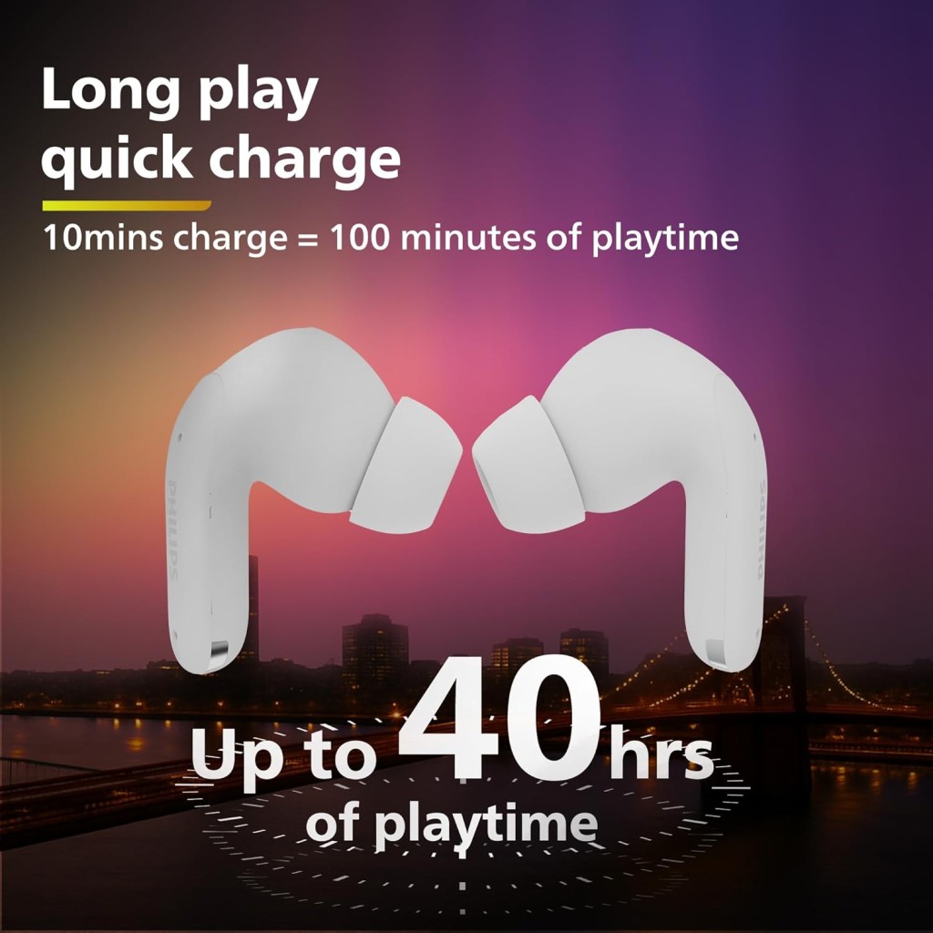 Philips TAT1269 Bluetooth Truly Wireless in Ear Earbuds with mic, 13mm Drivers, BT 5.4, 40H Playtime, IPX5, Fast Charging, Touch Controls