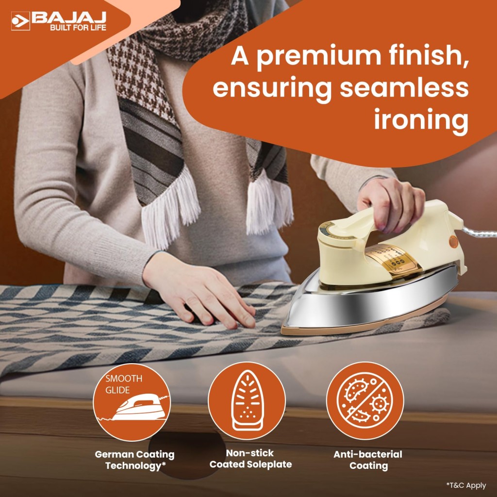 Bajaj DHX-9 1000W Heavy Weight Dry Iron Advance Soleplate And Anti-Bacterial German Coating Technology Multiple Temperature Levels 2 Yr Warranty Ivory