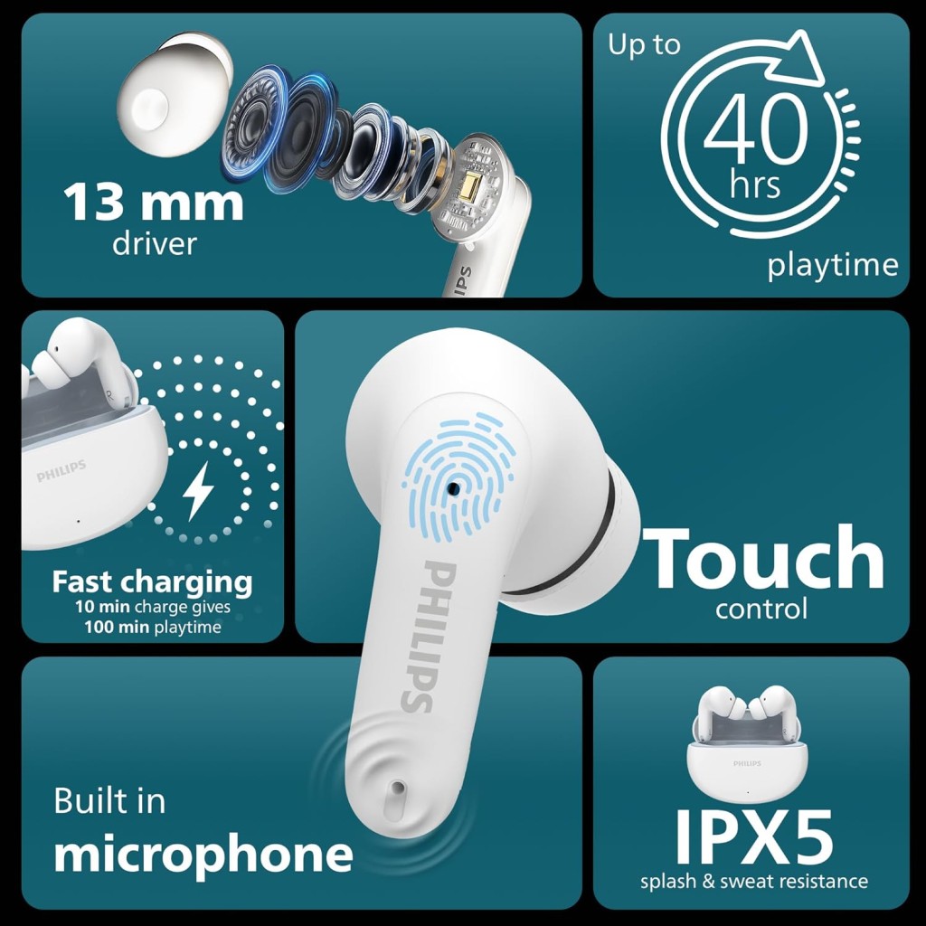 Philips TAT1269 Bluetooth Truly Wireless in Ear Earbuds with mic, 13mm Drivers, BT 5.4, 40H Playtime, IPX5, Fast Charging, Touch Controls