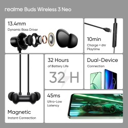 Realme Buds Wireless 3 Neo in Ear Bluetooth Neckband with 13.4 Mm Dynamic Bass Boost Driver,Upto 32 Hours Playback,Fast Charge