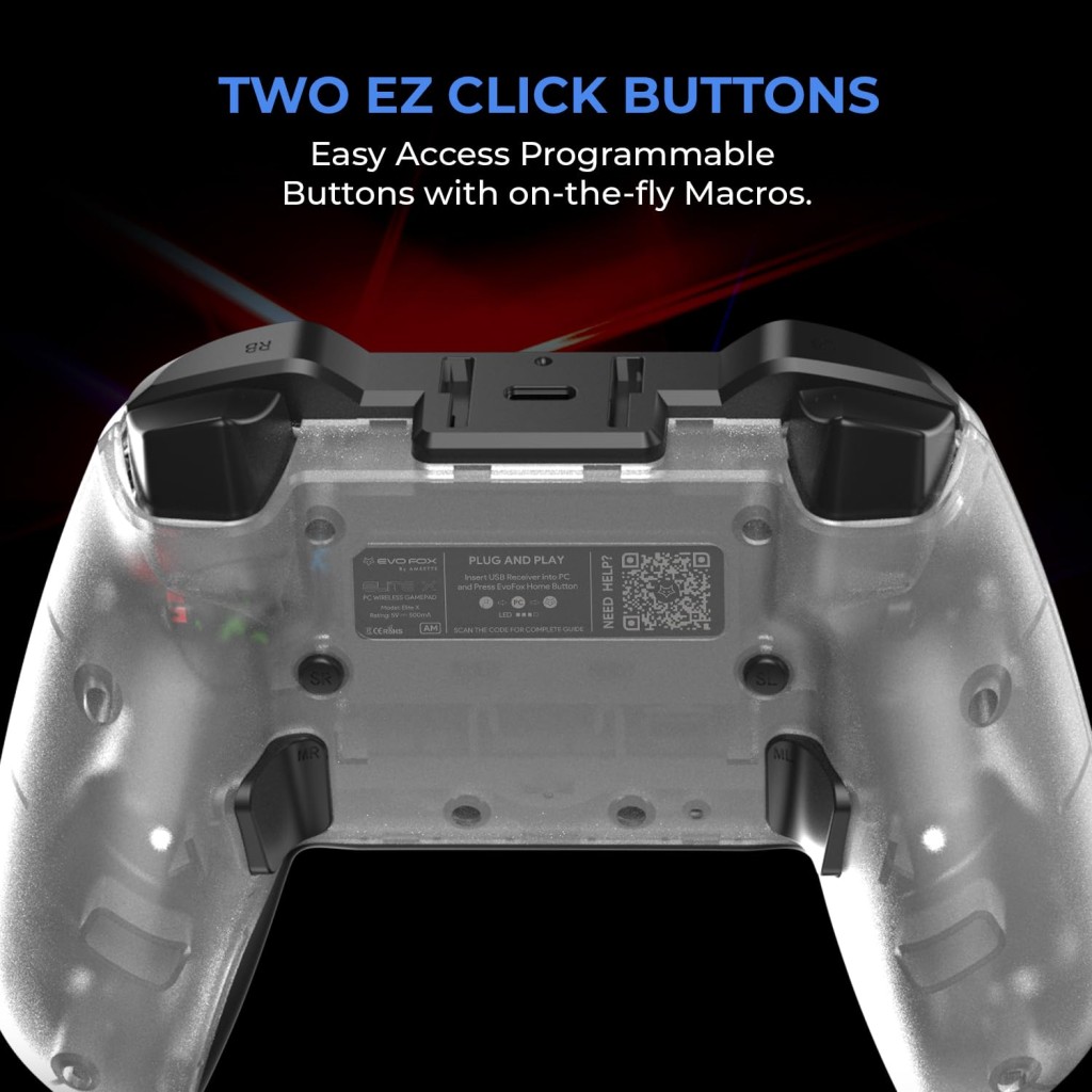 EvoFox Elite X Wireless Gamepad for PC with Dual Vibration Motors, 2 Macro Back Buttons, Low Latency Plug and Play, Free USB Extender, Translucent Shell (White)