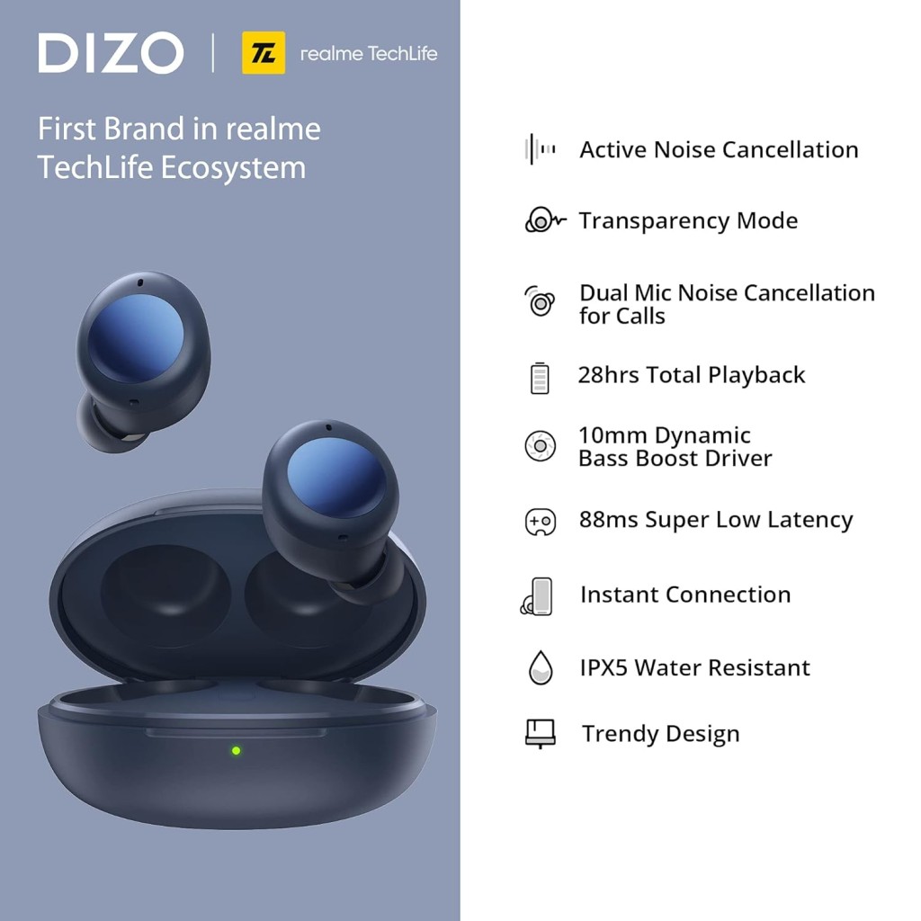 DIZO GoPods Neo (by realme Techlife), True Wireless in Earbuds with Active Noise Cancellation(ANC), Bluetooth Headset (DEEP Blue)