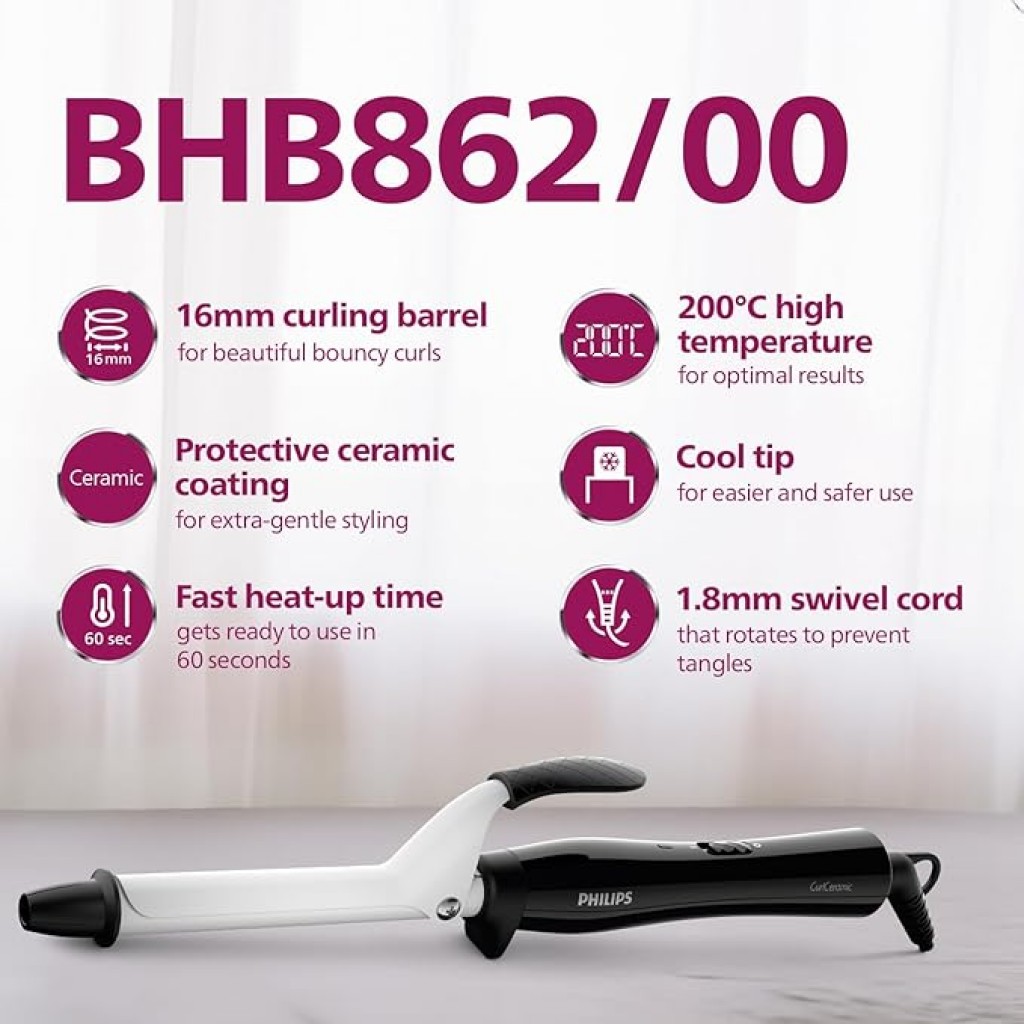 Philips Hair Curler with 16MM Barrel | Ceramic Coated Barrel for Long-Lasting Bouncy Looking Curls | Fast Heat Up