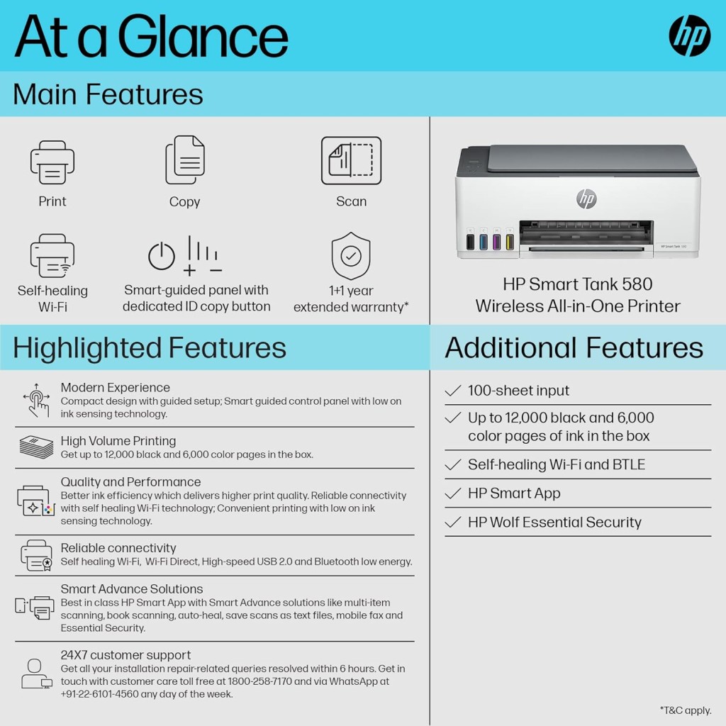 HP Smart Tank 580 All-in-One WiFi Colour Printer | 1 Extra Black Ink Bottle | 1+1 Year Extended Warranty on Registration| Up to 8000 Black