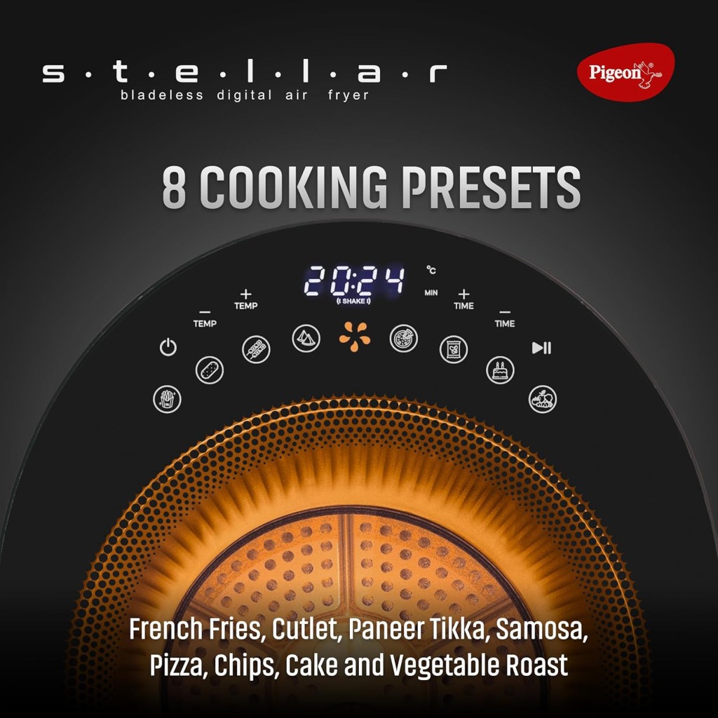 Pigeon By Stovekraft STELLAR Air Fryer Large 5.5L | 1500W BLADELESS Airfryer | Unique See Through Top View Glass | 360 Airwhirl Technology