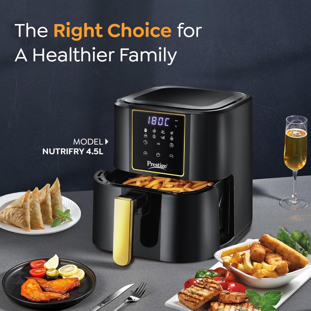 Prestige Nutrifry 4.5L Digital Air Fryer| 80% less Oil Consumption | 8 Preset Menu | Fry, Grill, Roast, Bake, Reheat | Digital Display