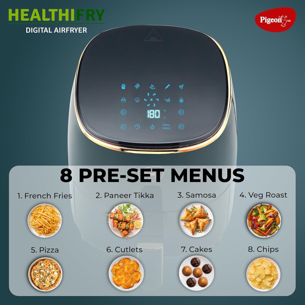 Pigeon Healthifry Digital Air Fryer, 360° High Speed Air Circulation Technology 1200 W with Non-Stick 4.2 L Basket