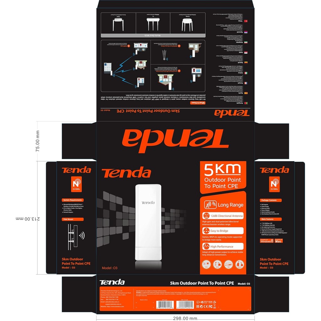 Tenda O3 2.4GHz N150 Long Range Smart Manage Outdoor CPE | 12dBi, 5km+ | Point to Point Wireless Bridge | Fast Ethernet PoE Ports