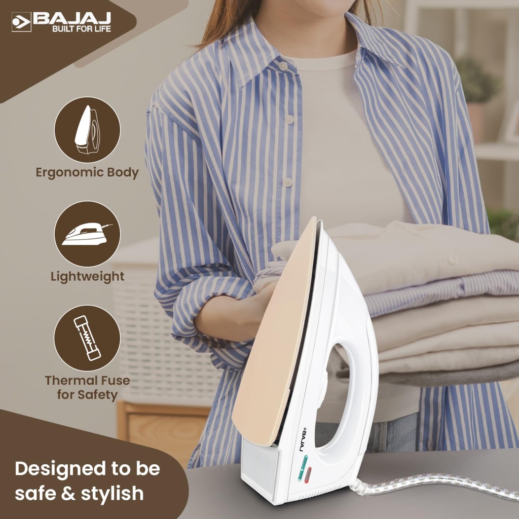 Bajaj DX-7 1000 Watts Dry Iron Advance Soleplate And Anti-Bacterial German Coating Technology White