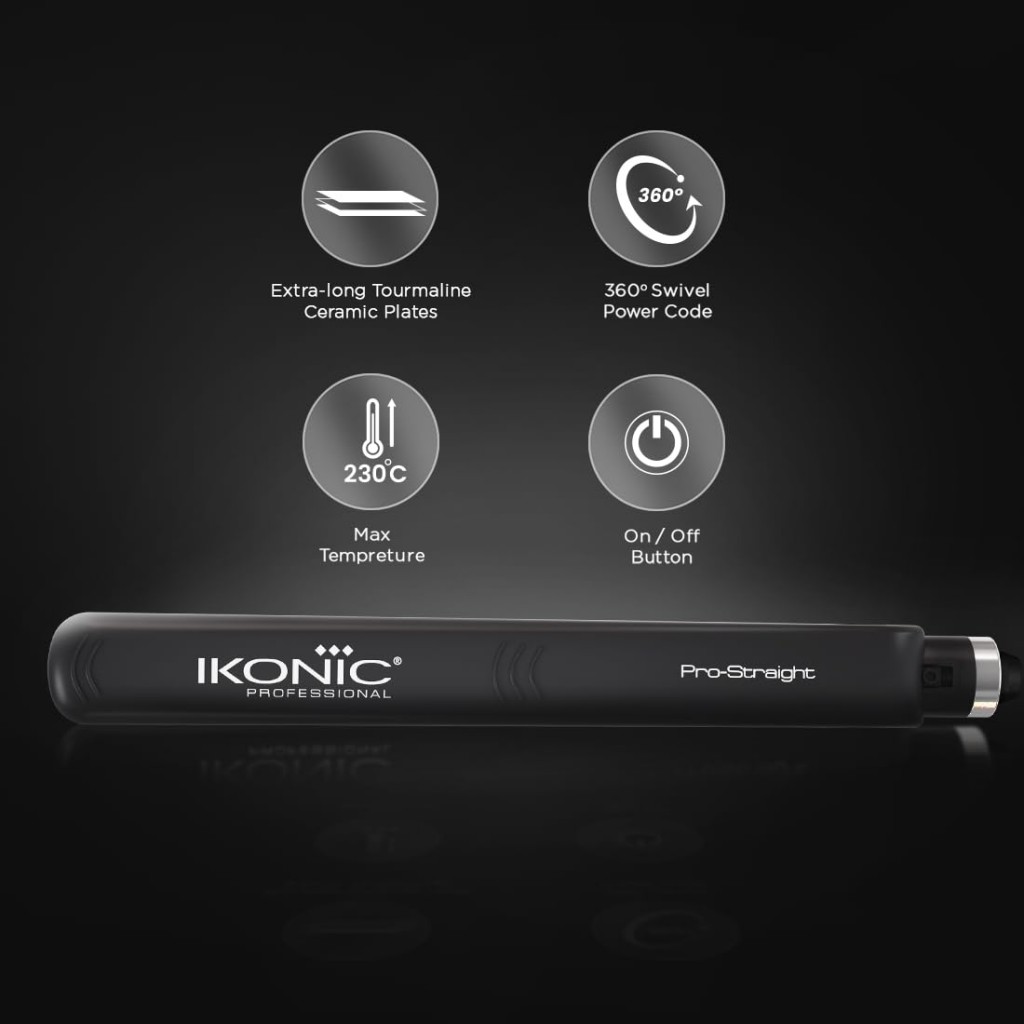Ikonic Pro Straight Hair Straightener, Black| Floating Ceramic Plates| Nano Titanium Technology| Overheat protection