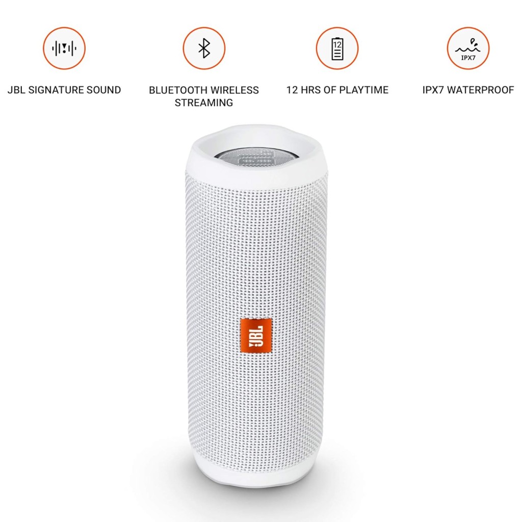 JBL Flip 4, Wireless Portable Bluetooth Speaker with Mic, Signature Sound with Bass Radiator, Vibrant Colors (White)